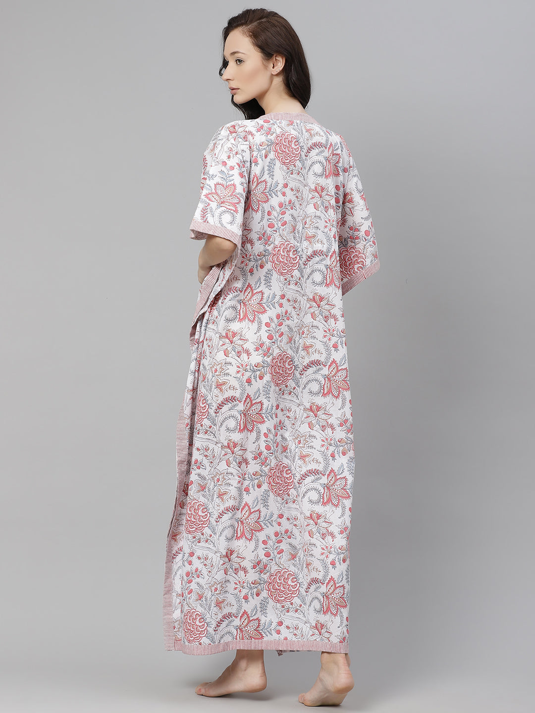Women'S White And Pink Floral Print Kaftan | LASVINI - Redefining Indian Fashion with Elegance