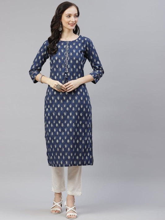 Women'S Blue Booti Print Cotton Straight Kurti | LASVINI - Redefining Indian Fashion with Elegance