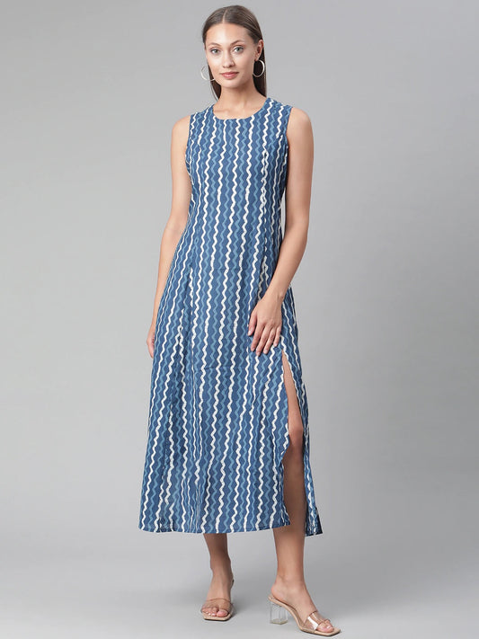 Women'S Blue Cotton Long Dress | LASVINI - Redefining Indian Fashion with Elegance