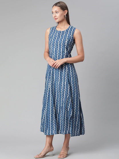 Women'S Blue Cotton Long Dress | LASVINI - Redefining Indian Fashion with Elegance
