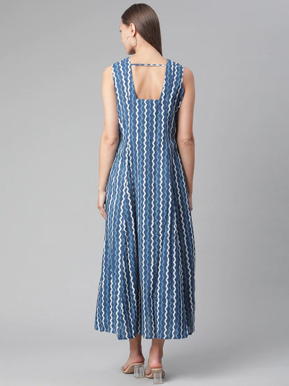 Women'S Blue Cotton Long Dress | LASVINI - Redefining Indian Fashion with Elegance