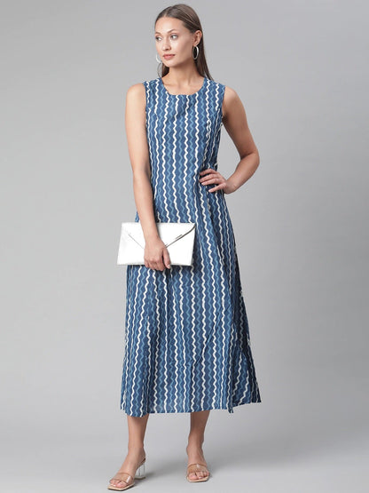 Women'S Blue Cotton Long Dress | LASVINI - Redefining Indian Fashion with Elegance