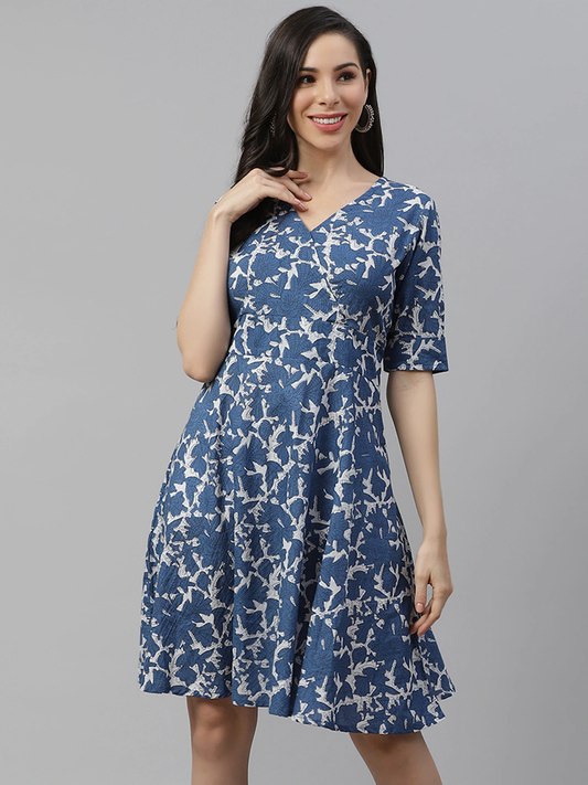 Women'S Indigo Print Knee Length Dress | LASVINI - Redefining Indian Fashion with Elegance