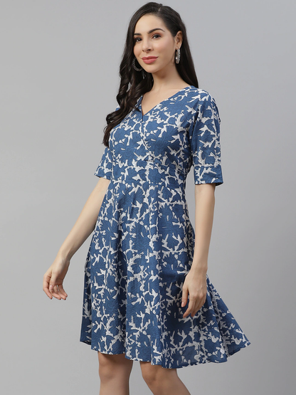 Women'S Indigo Print Knee Length Dress | LASVINI - Redefining Indian Fashion with Elegance