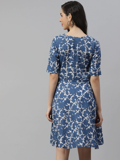 Women'S Indigo Print Knee Length Dress | LASVINI - Redefining Indian Fashion with Elegance