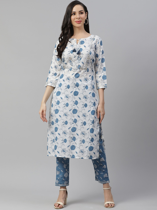Women'S White And Blue Cotton Kurta And Pant Set | LASVINI - Redefining Indian Fashion with Elegance