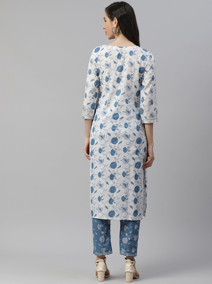 Women'S White And Blue Cotton Kurta And Pant Set | LASVINI - Redefining Indian Fashion with Elegance
