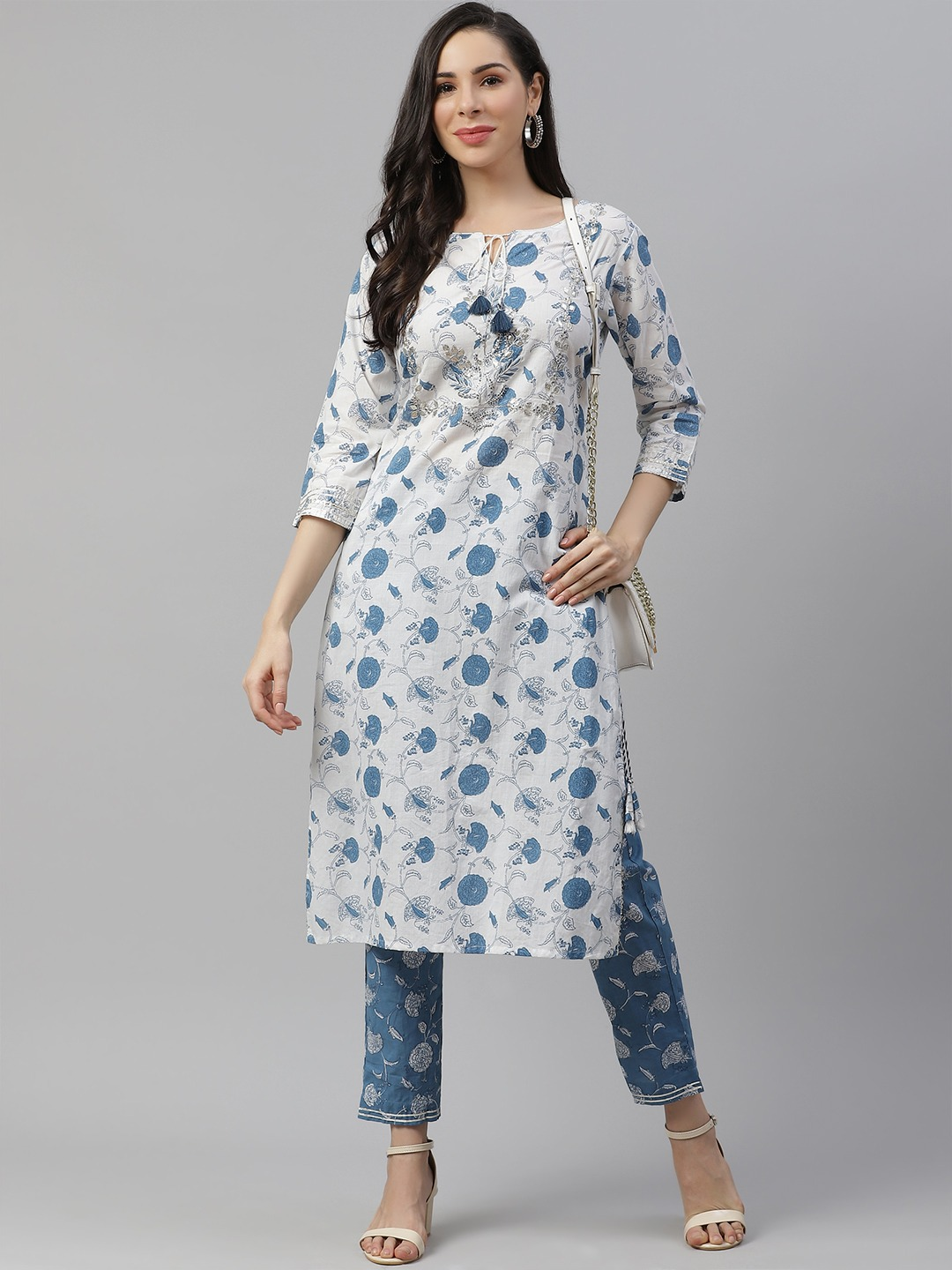 Women'S White And Blue Cotton Kurta And Pant Set | LASVINI - Redefining Indian Fashion with Elegance