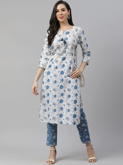 Women'S White And Blue Cotton Kurta And Pant Set | LASVINI - Redefining Indian Fashion with Elegance