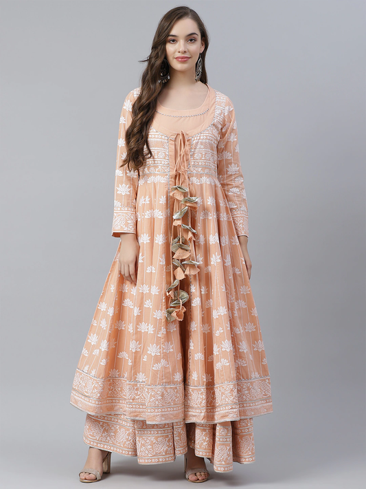 Women'S Peach Double Layered Cotton Flared Kurta With Jacket | LASVINI - Redefining Indian Fashion with Elegance