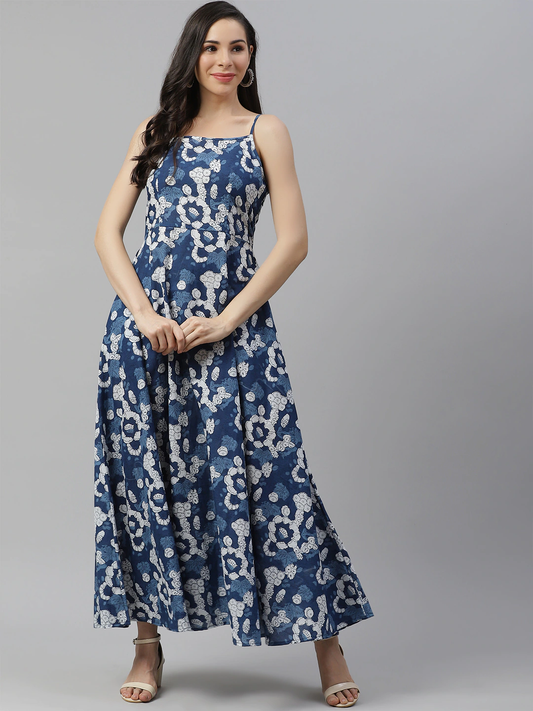 Women'S Indigo Print Cotton Long Dress | LASVINI - Redefining Indian Fashion with Elegance