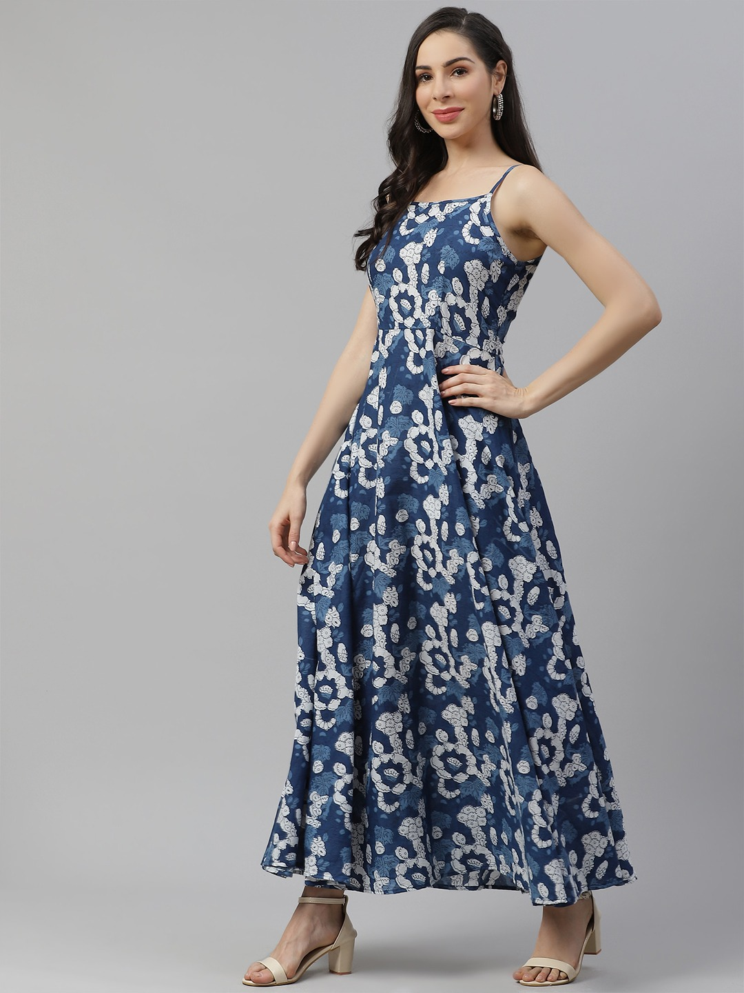 Women'S Indigo Print Cotton Long Dress | LASVINI - Redefining Indian Fashion with Elegance