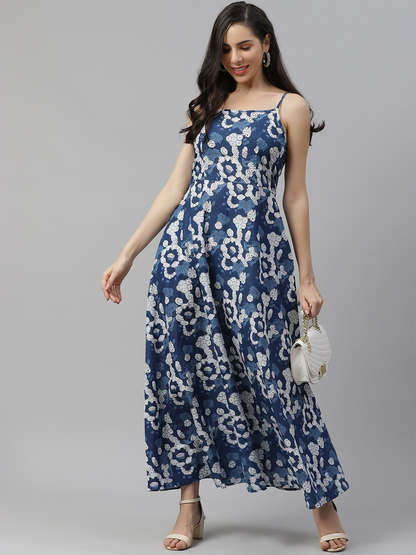 Women'S Indigo Print Cotton Long Dress | LASVINI - Redefining Indian Fashion with Elegance