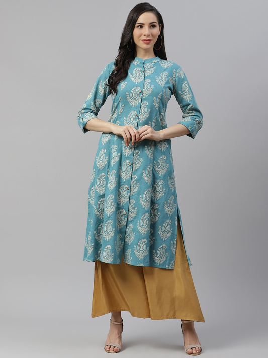 Women'S Sky Blue Cotton Printed Kurta | LASVINI - Redefining Indian Fashion with Elegance