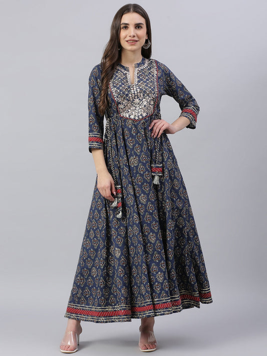 Women'S Blue Cotton Anarkali Kurta | LASVINI - Redefining Indian Fashion with Elegance