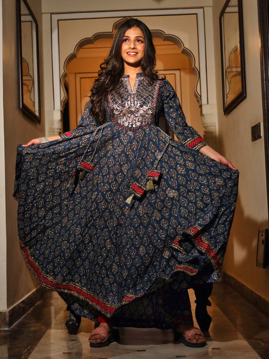 Women Blue Cotton Anarkali Kurta | LASVINI - Redefining Indian Fashion with Elegance
