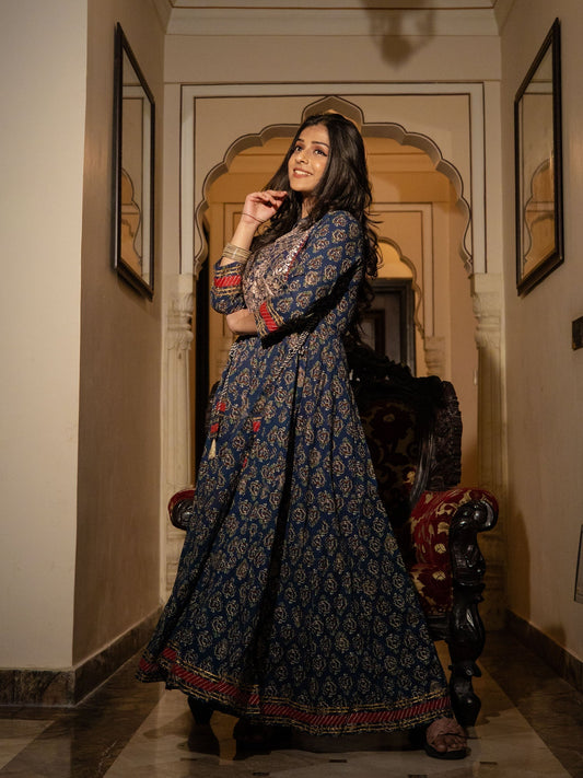 Women'S Blue Cotton Anarkali Kurta | LASVINI - Redefining Indian Fashion with Elegance