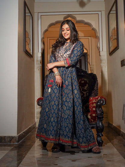 Women'S Blue Cotton Anarkali Kurta | LASVINI - Redefining Indian Fashion with Elegance