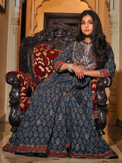 Women'S Blue Cotton Anarkali Kurta | LASVINI - Redefining Indian Fashion with Elegance