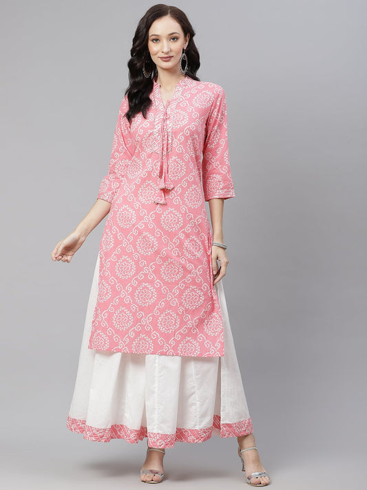 Women'S Pink Bandhej Gota Patti Work Kurta With Palazzo Set | LASVINI - Redefining Indian Fashion with Elegance