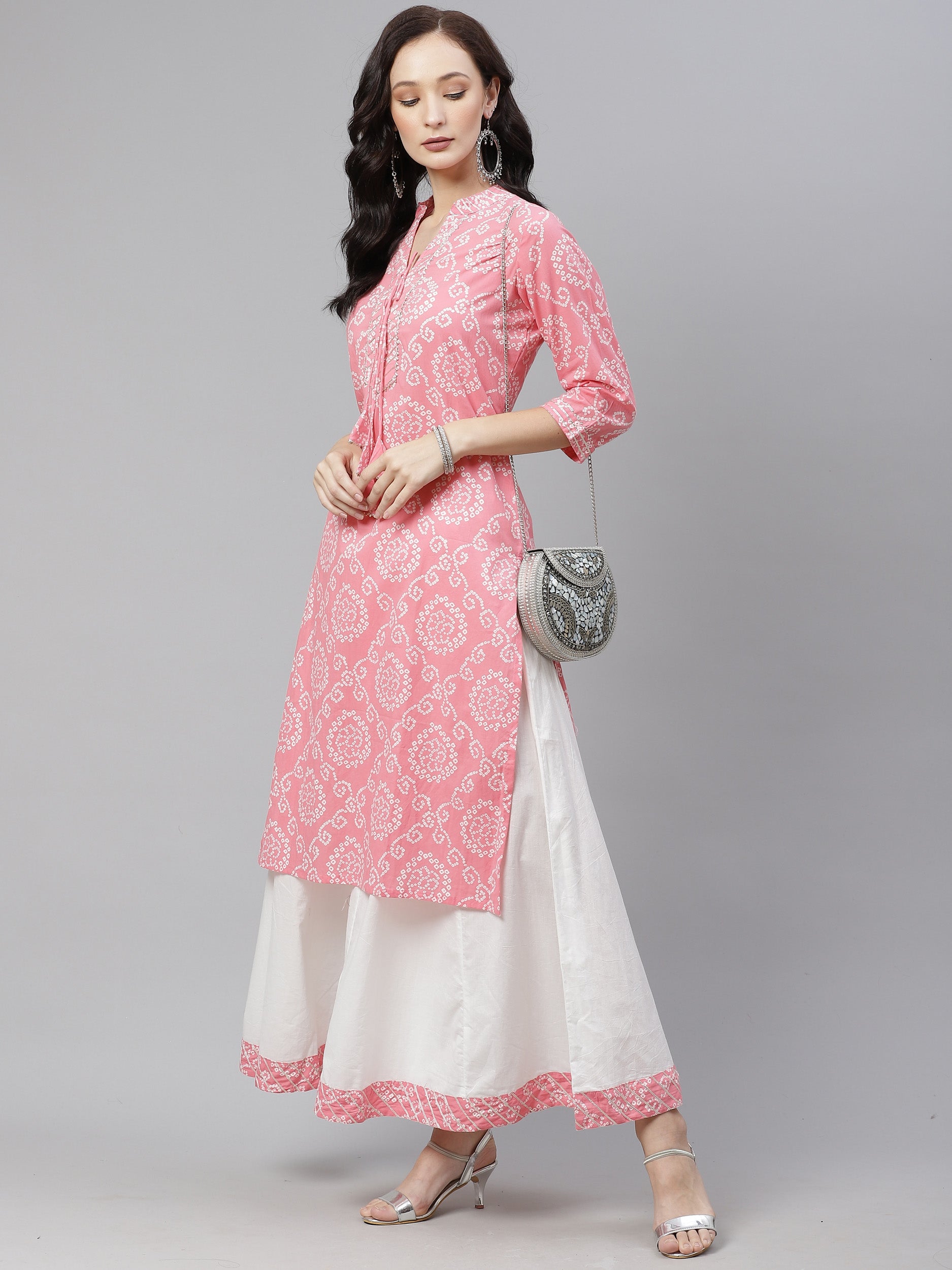 Women'S Pink Bandhej Gota Patti Work Kurta With Palazzo Set | LASVINI - Redefining Indian Fashion with Elegance