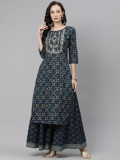Women'S Indiogo Blue Kurta Set With Palazzo | LASVINI - Redefining Indian Fashion with Elegance