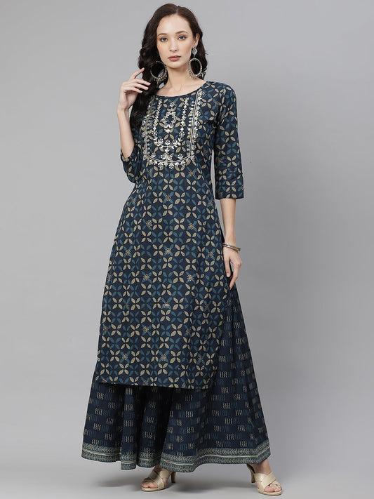 Women'S Indiogo Blue Kurta Set With Palazzo | LASVINI - Redefining Indian Fashion with Elegance