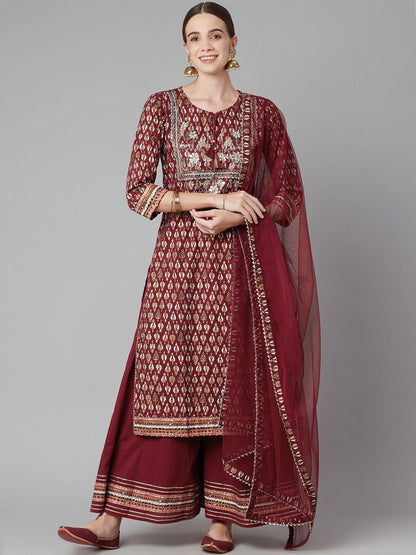 Women'S Maroon Cotton Kurta Palazzo Set With Net Dupatta | LASVINI - Redefining Indian Fashion with Elegance