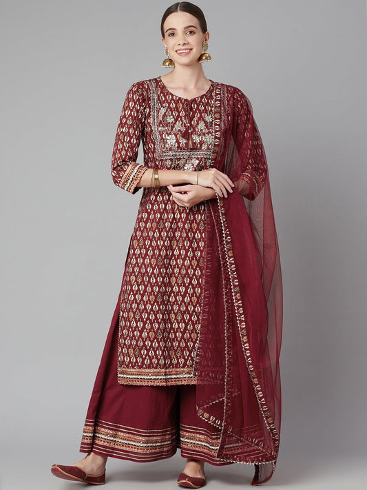 Women'S Maroon Cotton Kurta Palazzo Set With Net Dupatta | LASVINI - Redefining Indian Fashion with Elegance