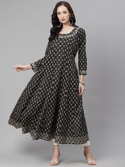 Women Black Floral Print Flared Kurta | LASVINI - Redefining Indian Fashion with Elegance