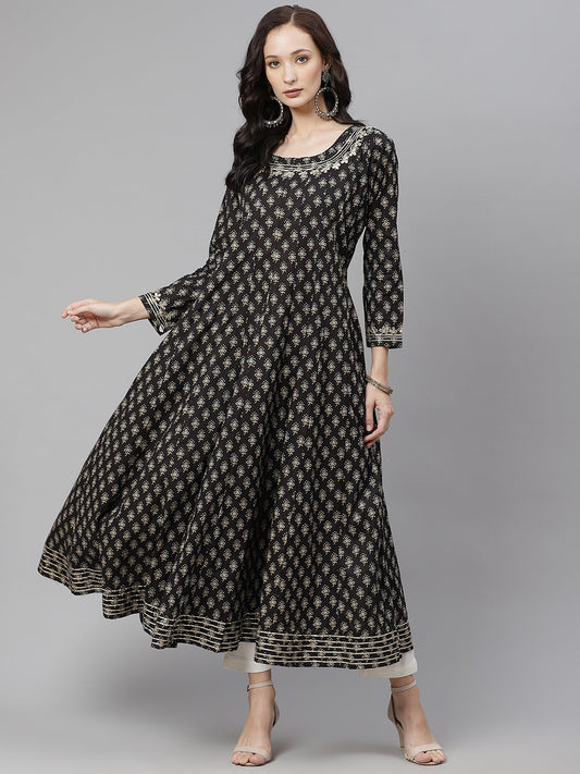 Women Black Floral Print Flared Kurta | LASVINI - Redefining Indian Fashion with Elegance