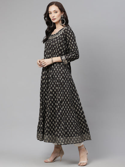 Women Black Floral Print Flared Kurta | LASVINI - Redefining Indian Fashion with Elegance