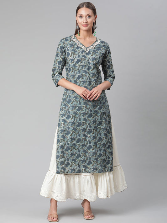Women'S Blue Cotton Kurta With Skirt | LASVINI - Redefining Indian Fashion with Elegance