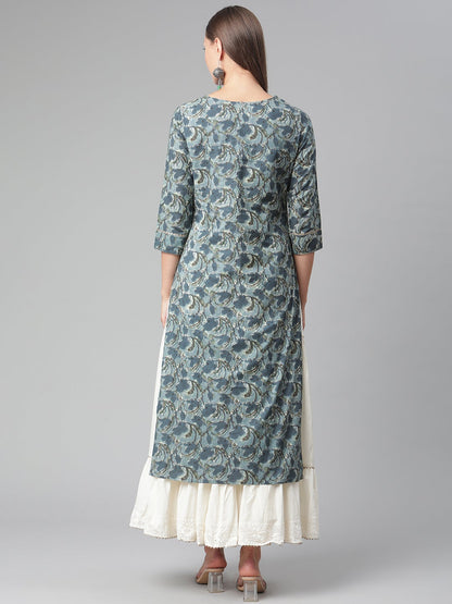 Women'S Blue Cotton Kurta With Skirt | LASVINI - Redefining Indian Fashion with Elegance
