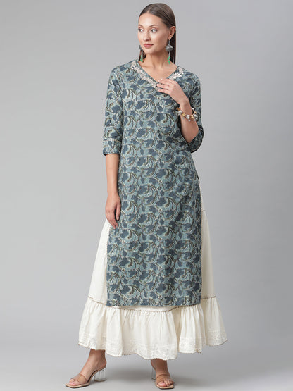 Women'S Blue Cotton Kurta With Skirt | LASVINI - Redefining Indian Fashion with Elegance