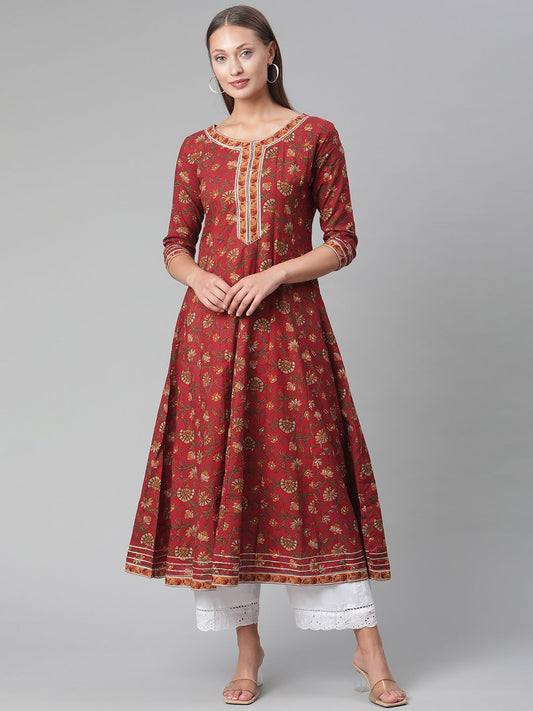 Women'S Red Flaired Cotton Anarkali Kurta | LASVINI - Redefining Indian Fashion with Elegance