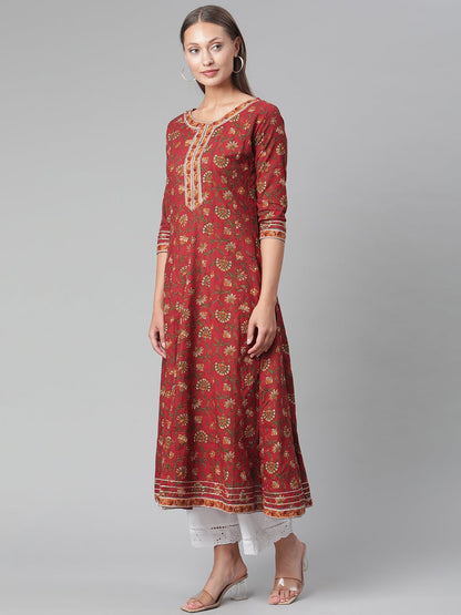 Women'S Red Flaired Cotton Anarkali Kurta | LASVINI - Redefining Indian Fashion with Elegance