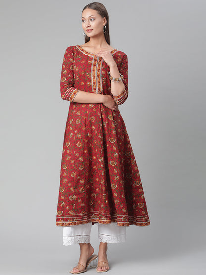 Women'S Red Flaired Cotton Anarkali Kurta | LASVINI - Redefining Indian Fashion with Elegance