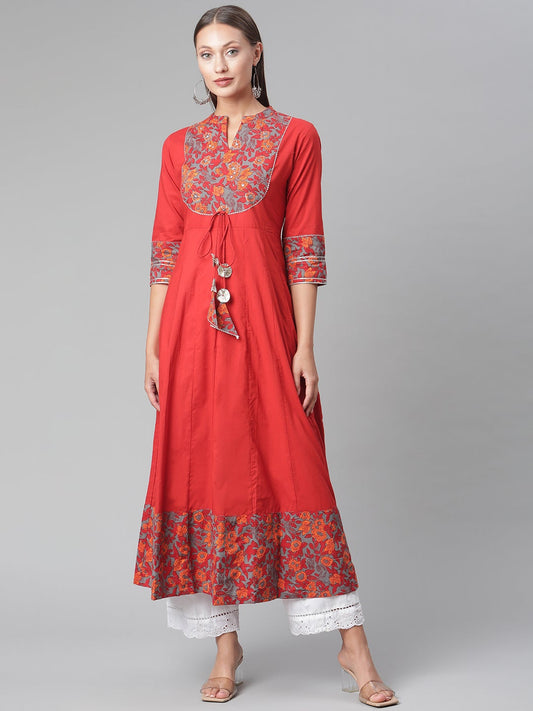 Women'S Brick Red Anarkali Kurta | LASVINI - Redefining Indian Fashion with Elegance
