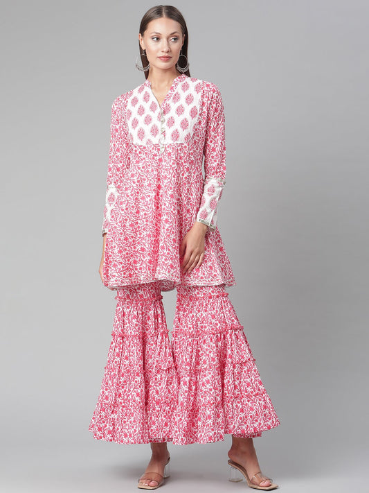 Women'S Red White Peplum Kurta With Sharara Set | LASVINI - Redefining Indian Fashion with Elegance