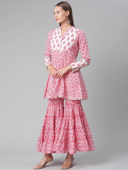 Women'S Red White Peplum Kurta With Sharara Set | LASVINI - Redefining Indian Fashion with Elegance