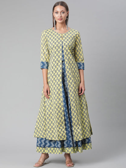 Women'S Yellow Shurg Style Cotton Kurta With Skirt | LASVINI - Redefining Indian Fashion with Elegance
