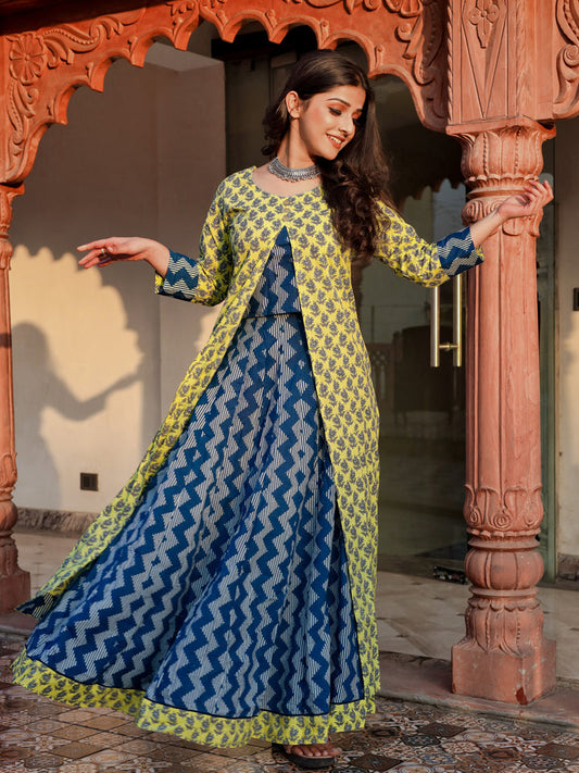 Women Yellow Shurg Style Cotton Kurta With Skirt | LASVINI - Redefining Indian Fashion with Elegance