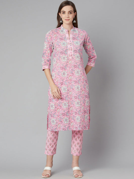 Women'S Pink Floral Printed Cotton Kurta Pant Set | LASVINI - Redefining Indian Fashion with Elegance