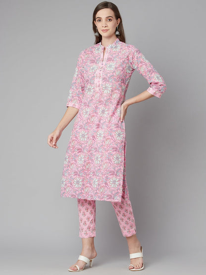 Women'S Pink Floral Printed Cotton Kurta Pant Set | LASVINI - Redefining Indian Fashion with Elegance