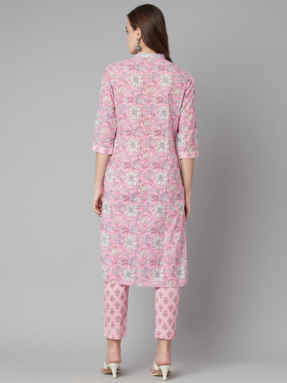Women'S Pink Floral Printed Cotton Kurta Pant Set | LASVINI - Redefining Indian Fashion with Elegance