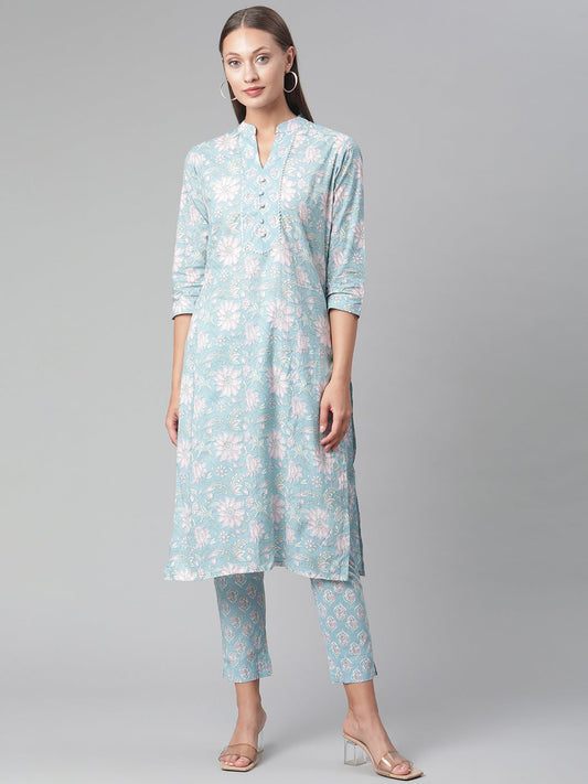Women'S Sky Blue Cotton Kurta Pant Set | LASVINI - Redefining Indian Fashion with Elegance