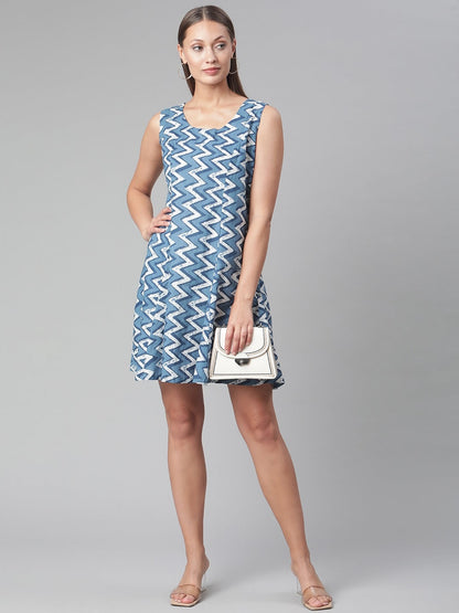 Women'S Blue Knee Length Cotton Dress | LASVINI - Redefining Indian Fashion with Elegance