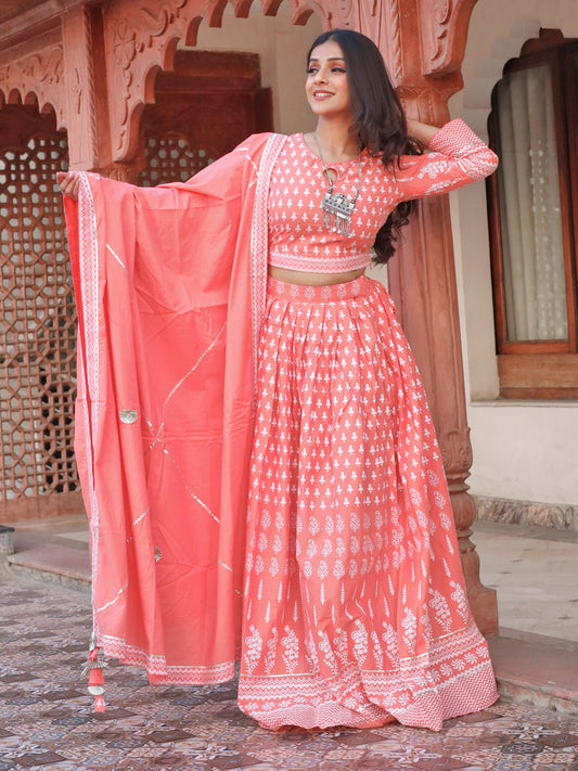Women Pink Printed Crop Top, Lehenga With Dupatta Set | LASVINI - Redefining Indian Fashion with Elegance