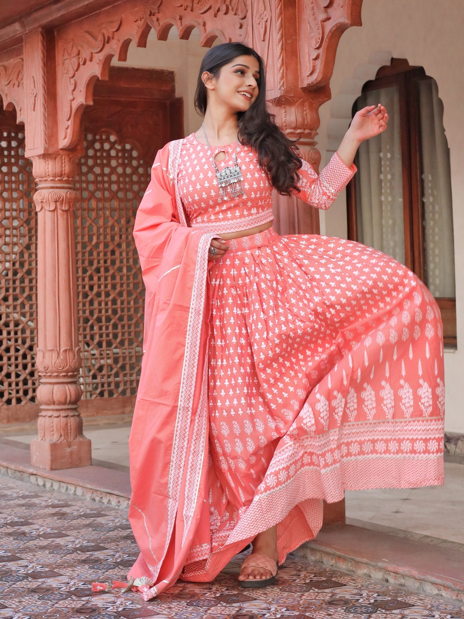 Women Pink Printed Crop Top, Lehenga With Dupatta Set | LASVINI - Redefining Indian Fashion with Elegance